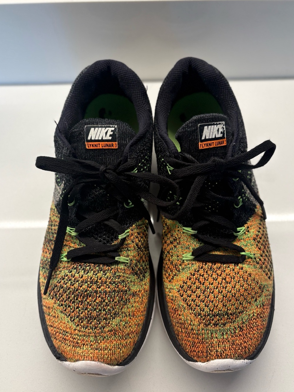 Nike Flyknit Lunar 3 Black Electric Green Orange Running Shoes 7.5